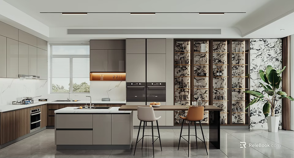 Modern Kitchen Open Concept Interior With Island Counter Stools Cabinets And Windows 3d model