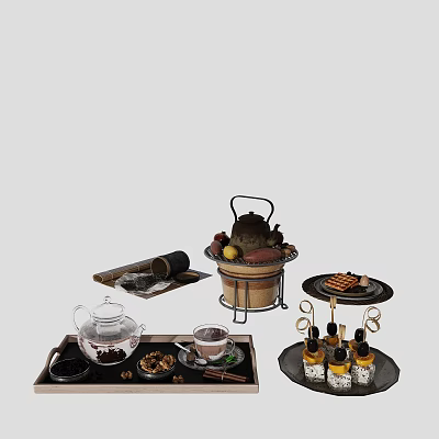 Delicious Afternoon Tea Snacks With Teapot Teacup Waffles Nuts And Syrup Bottles 3d model