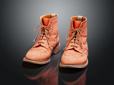 Tan Leather Brogue Ankle Boots With Intricate Lace Up Design On Reflective Surface 3d model