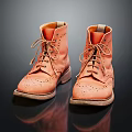 Tan Leather Brogue Ankle Boots With Intricate Lace Up Design On Reflective Surface