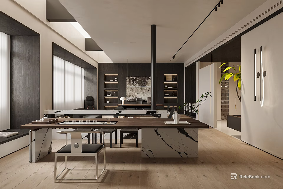Modern Dining and Living Room Interior With Marble Dining Table Chairs Shelves And Green Plants 3d model 