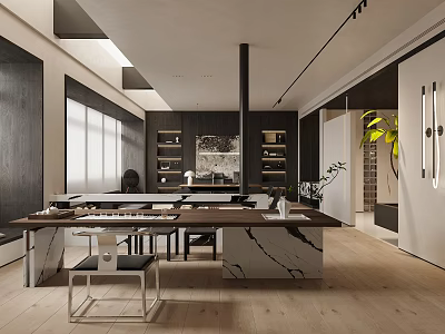 Modern Dining and Living Room Interior With Marble Dining Table Chairs Shelves And Green Plants 3d model