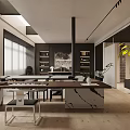 Modern Dining and Living Room Interior With Marble Dining Table Chairs Shelves And Green Plants