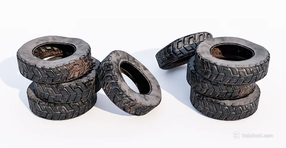 Worn Tires Stacked in Piles with Deep Tread Patterns on White Background 3d model