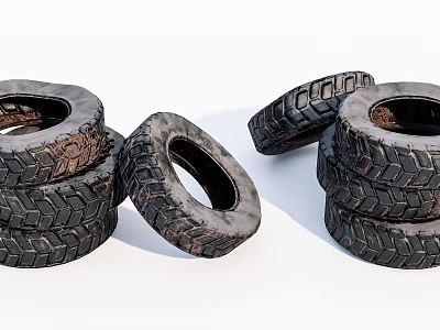 Worn Tires Stacked in Piles with Deep Tread Patterns on White Background 3d model