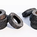 Worn Tires Stacked in Piles with Deep Tread Patterns on White Background 3d model