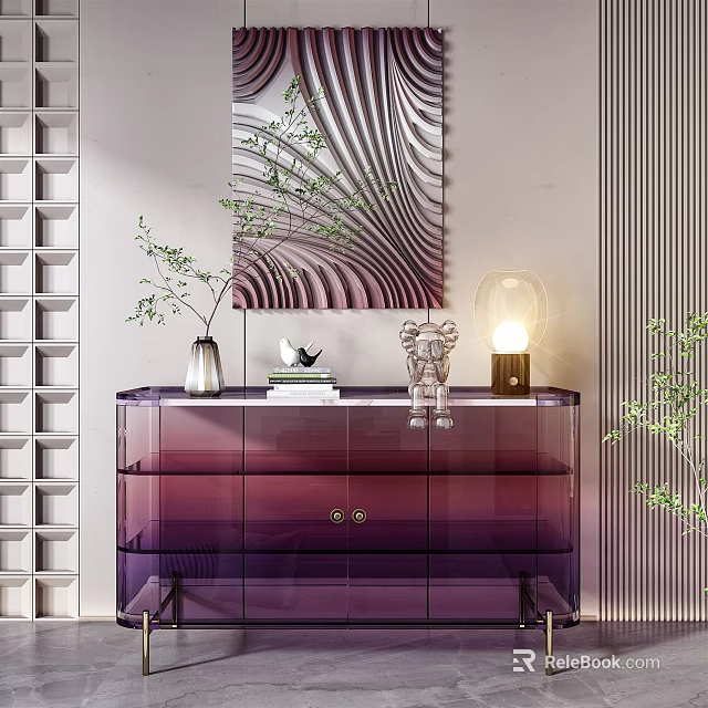 Purple Glass Entryway Side Cabinet With Drawers Decorations Vase Books Sculpture Table Lamp 3d model 