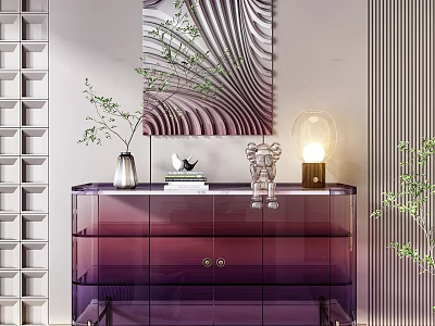 Purple Glass Entryway Side Cabinet With Drawers Decorations Vase Books Sculpture Table Lamp 3d model