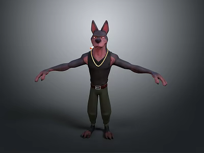 3D Dog Model with Black Body Erect Ears Arms Outstretched Wearing Black Vest Green Pants 3d model