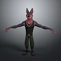 3D Dog Model with Black Body Erect Ears Arms Outstretched Wearing Black Vest Green Pants
