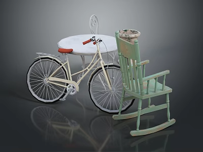 Vintage Furniture Set With Bicycle Converted Table Red Seat And Green Rocking Chair 3d model