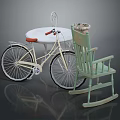 Vintage Furniture Set With Bicycle Converted Table Red Seat And Green Rocking Chair
