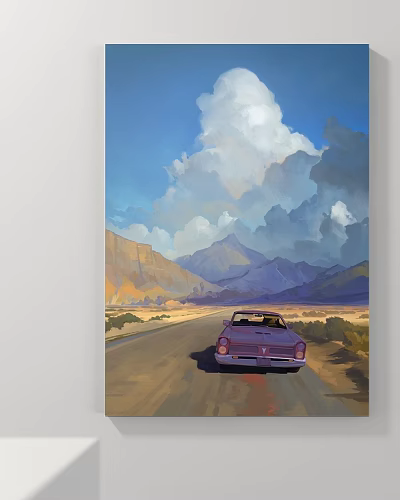 Oil Painting of Vintage Car on Road with Mountains and Cloudy Sky 3d model