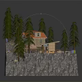 Two Houses On Rocky Terrain With Orange Roof Wooden Structure And Surrounding Pine Trees