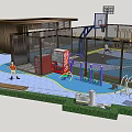 Outdoor Basketball Court With Surrounding Fencing And Adjacent Building Structure