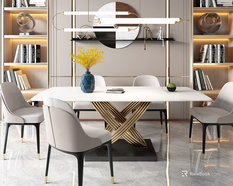Elegant Modern Dining Table Set With Beige Chairs Marble Top Gold Cross Legs And Yellow Flowers 3d model 
