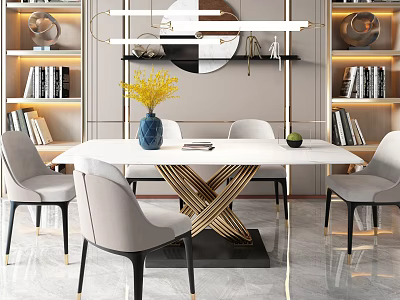 Elegant Modern Dining Table Set With Beige Chairs Marble Top Gold Cross Legs And Yellow Flowers 3d model