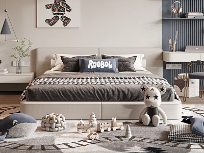 Kids Bed With Robol Pillow Plush Toys And Building Blocks On Gray White Rug 3d model