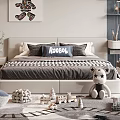 Kids Bed With Robol Pillow Plush Toys And Building Blocks On Gray White Rug