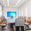 Modern Meeting Room With Large Conference Table Multiple Rolling Chairs And Projector Screen 3d model