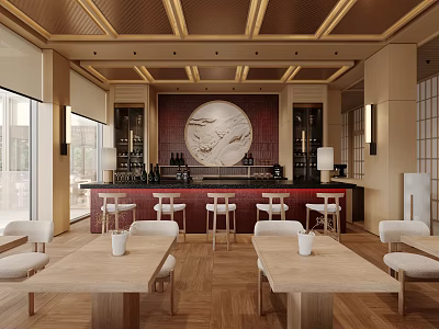 Modern Japanese Restaurant Interior With Wooden Ceiling Circular Decorative Wall Bar Counter And Dining Tables 3d model