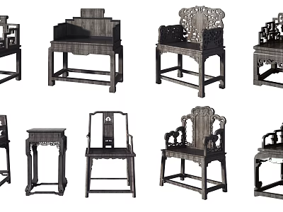 Traditional Chinese Wooden Armchairs With Intricate Carved Details And Structure 3d model