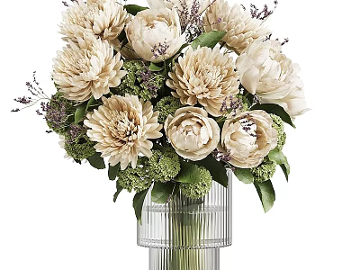 Cream Peony Flower Arrangement in Transparent Ribbed Vase with Green Leaves and Purple Accents 3d model