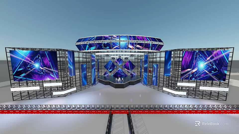 Futuristic Event Stage With Large Screens Blue Purple Lighting Metal Frames And Central Platform Design 3d model 