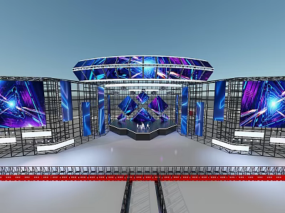 Futuristic Event Stage With Large Screens Blue Purple Lighting Metal Frames And Central Platform Design 3d model
