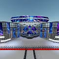 Futuristic Event Stage With Large Screens Blue Purple Lighting Metal Frames And Central Platform Design