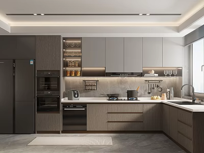 Modern Kitchen Interior Design With Gray And Wood Cabinets Countertop And Appliances Refrigerator And Oven 3d model