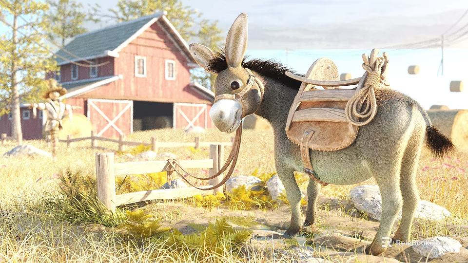 Donkey With Leather Saddle Standing In Front Of Red Barn Wooden Fence And Grassland 3d model