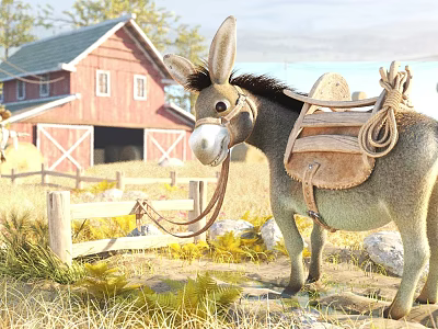 Donkey With Leather Saddle Standing In Front Of Red Barn Wooden Fence And Grassland 3d model