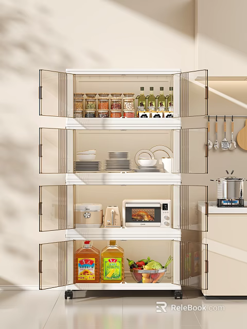 Kitchen Cabinets With Transparent Doors And Shelves Holding Spices Olive Oil Plates Bowls And Microwave 3d model 