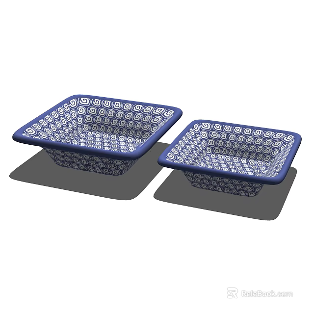 Two Square Ceramic Tableware Set with Blue and White Ornate Patterns for Dining 3d model 