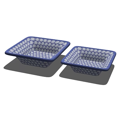 Two Square Ceramic Tableware Set with Blue and White Ornate Patterns for Dining 3d model