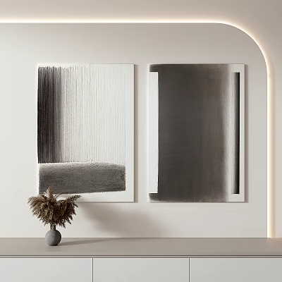 Abstract Black White Gray Paintings Hanging On Wall With Dried Plant Vase 3d model