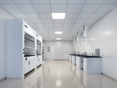 Modern White Laboratory Interior With Fume Hoods Lab Benches And Ceiling Lights 3d model