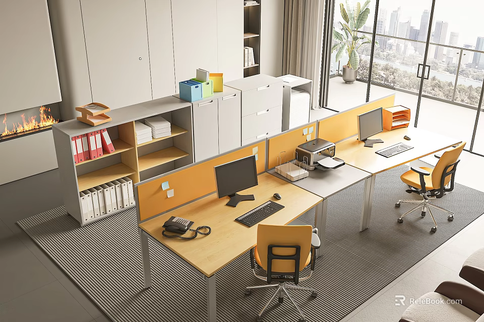 Modern Office Desk Workspace With Computers Telephone Office Chairs Bookshelves And City View 3d model 