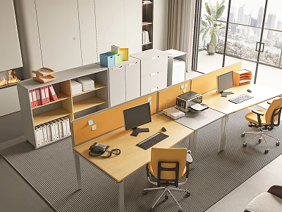 Modern Office Desk Workspace With Computers Telephone Office Chairs Bookshelves And City View 3d model