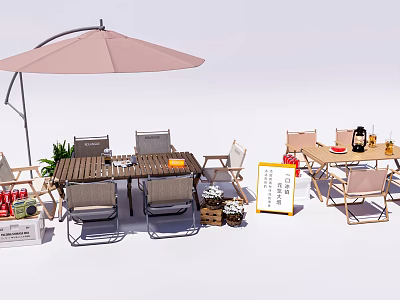 Outdoor Patio Wooden Dining Table Set With Umbrella Chairs And Decorative Plants 3d model