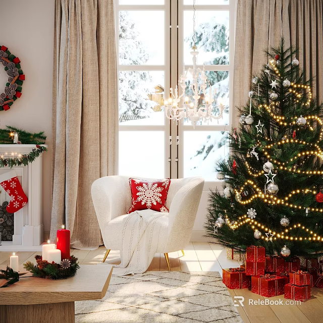 Cozy White Single Sofa In Christmas Decorated Living Room With Tree Fireplace And Gifts 3d model 