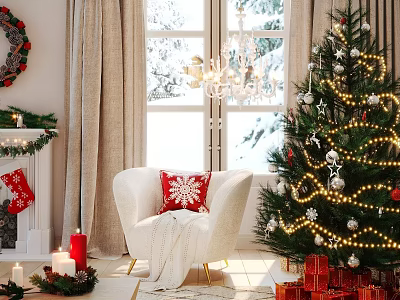 Cozy White Single Sofa In Christmas Decorated Living Room With Tree Fireplace And Gifts 3d model