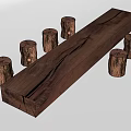 Rustic Long Dark Wood Dining Table Set with Natural Stump Legs Design 3d model