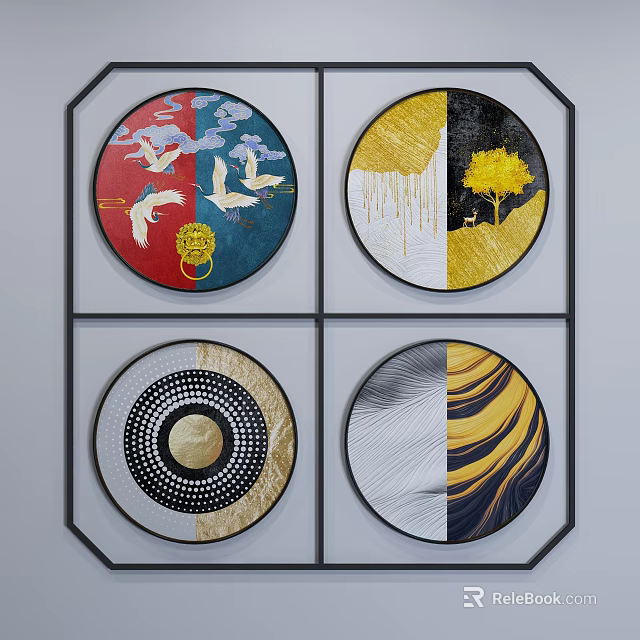 Round Decorative Wall Art with Birds Tree Deer and Geometric Patterns 3d model