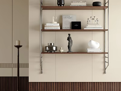 Modern Wall Mounted Wooden Shelving Unit With Books Decor Items And Metal Brackets 3d model