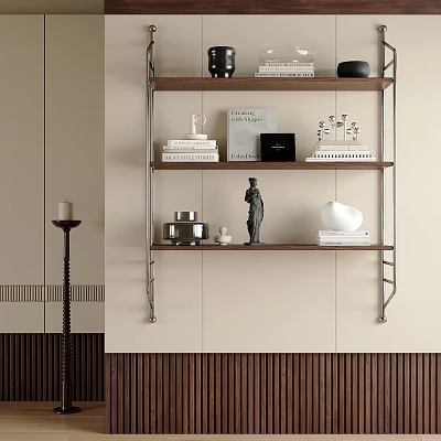 Modern Wall Mounted Wooden Shelving Unit With Books Decor Items And Metal Brackets 3d model