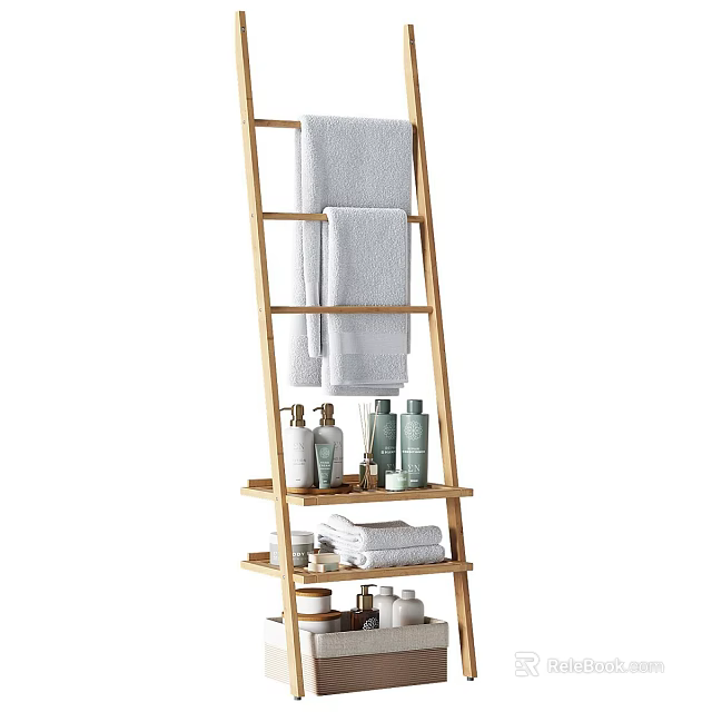 Practical Bamboo Ladder Shelf With Soft Towels And Bath Bottles For Daily Washing Supplies 3d model 