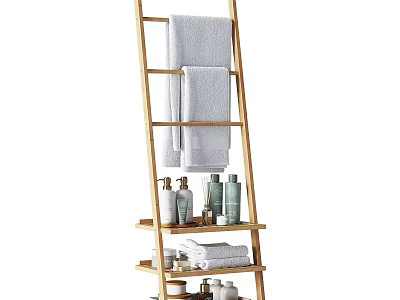 Practical Bamboo Ladder Shelf With Soft Towels And Bath Bottles For Daily Washing Supplies 3d model