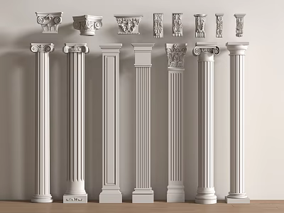 Various Classical White Columns With Ornate Capitals Including Caryatid Designs Displayed 3d model